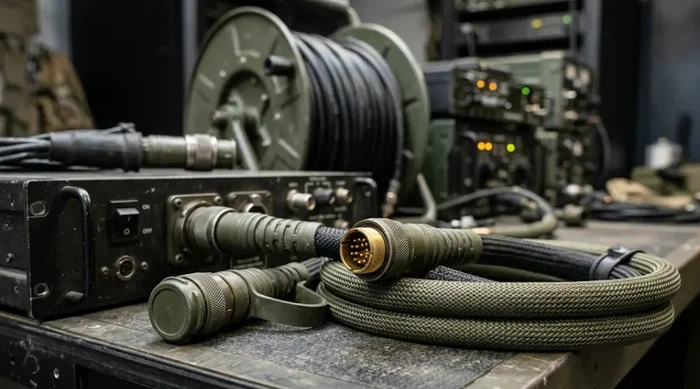 Photorealistic industrial product image of rugged military fiber optic cable assemblies on a tactical communication workstation, reinforced black and olive drab fiber cables, rugged circular connectors, tactical cable reel in the background, clean defense communication environment, no weapons, no soldiers, no logos, no readable text, high-detail cable jacket texture, professional lighting, shallow depth of field, 16:9 aspect ratio Photorealistic industrial product image of rugged military fiber optic cable assemblies on a tactical communication workstation, reinforced black and olive drab fiber cables, rugged circular connectors, tactical cable reel in the background, clean defense communication environment, no weapons, no soldiers, no logos, no readable text, high-detail cable jacket texture, professional lighting, shallow depth of field, 16:9 aspect ratio